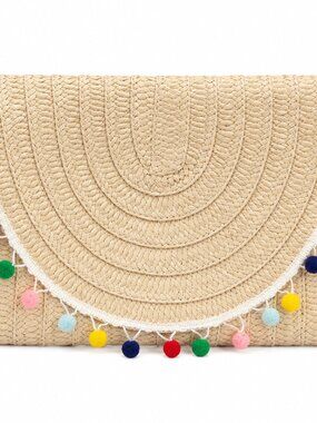 Boho Straw Clutch with Colorful Pom Pom Trim Beach Vacation Bag 🌈
